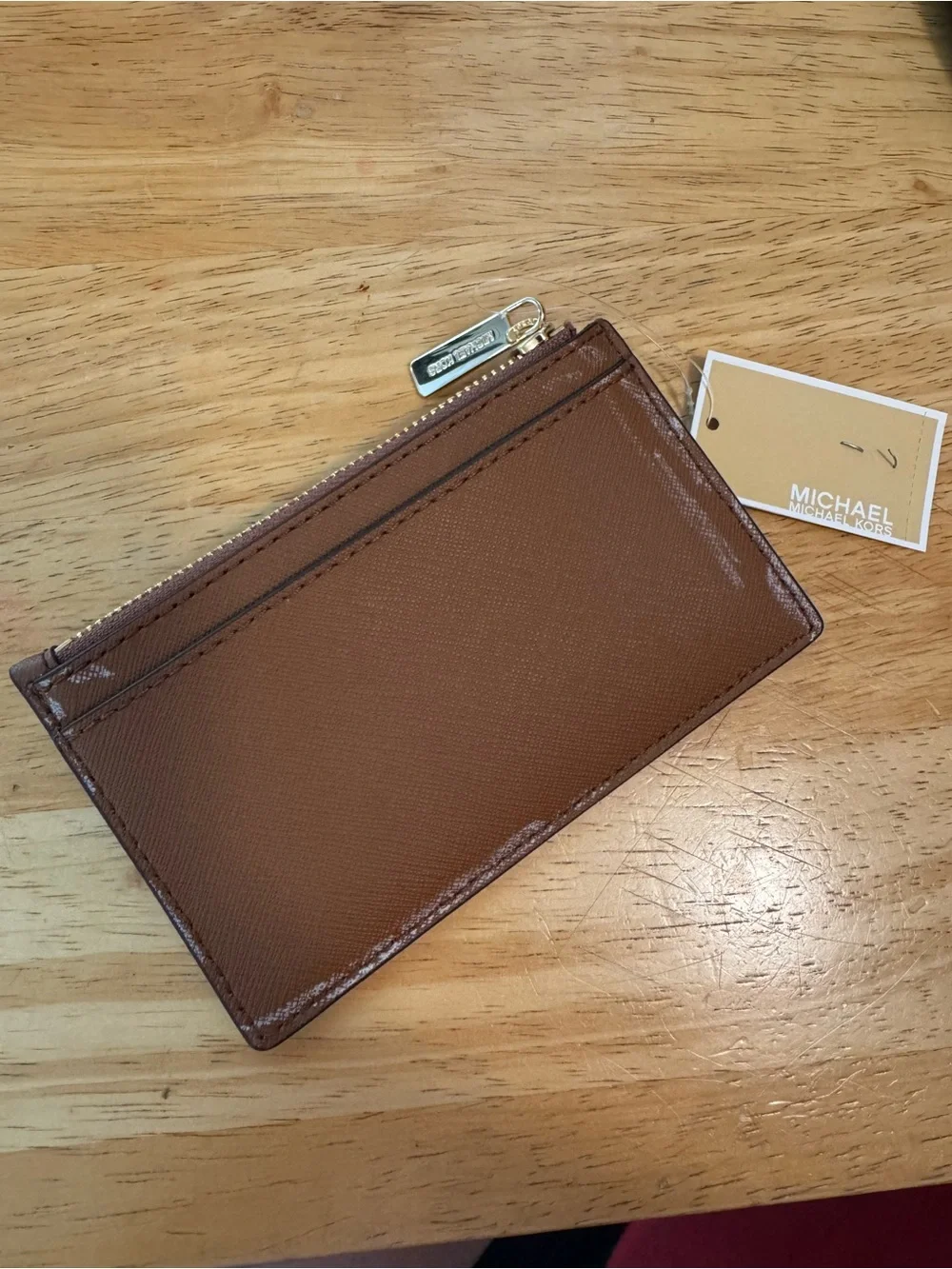 NWT defect Michael Kors Brown Leather Zip Card Case